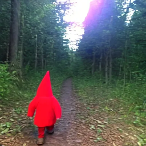 Image similar to bad quality screenshot of a leaked video of a small person dressed as gnome following me through a forest trail, night time, bright camera flash, camera shaking, realistic, ultrarealistic, 480p, scary