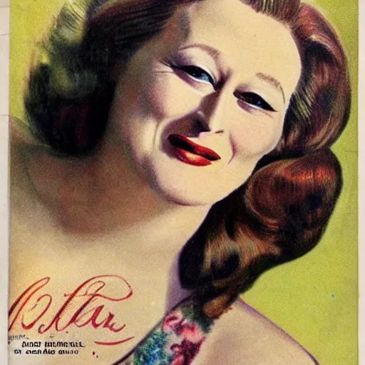 Prompt: “Meryl Streep portrait, color vintage magazine illustration 1950”