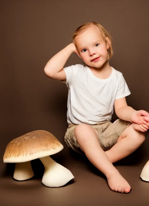 Prompt: studio portrait still of cute creature sitting next to a mushroom, 8 k, studio lighting, key light,