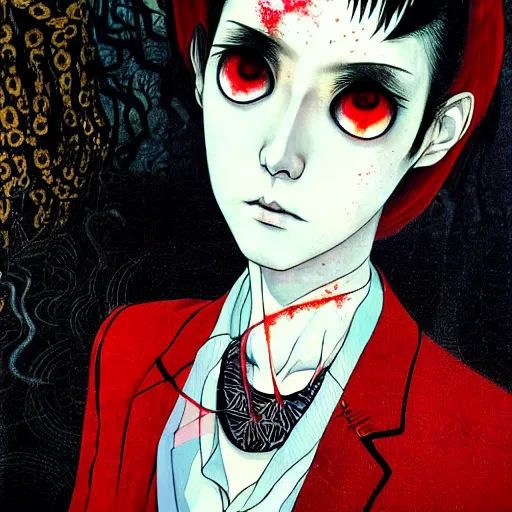 Image similar to yoshitaka amano blurred and dreamy realistic three quarter angle horror portrait of a sinister young woman with short hair, and red eyes wearing a lot of jewellery and office suit with tie, junji ito abstract patterns in the background, satoshi kon anime, noisy film grain effect, highly detailed, renaissance oil painting, weird portrait angle, blurred lost edges