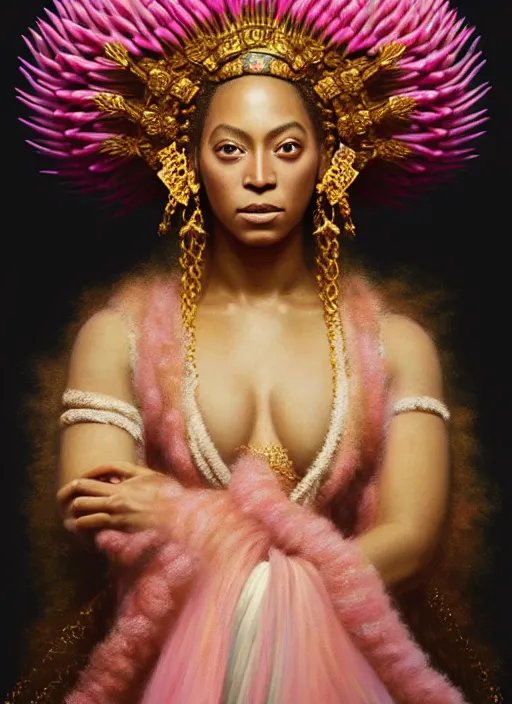 Image similar to stunning beyonce giselle knowles as a japanese godess, detailed pink and white protea head peace against a black backdrop by ivan aivazovsky, wlop, sharp details, photorealism, oil painting, beautiful soft lighting, muted colours, artstation