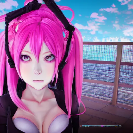 Prompt: trapped by stunningly beautiful omnipotent megalomaniacal anime agi goddess who looks like junko enoshima with symmetrical perfect face and porcelain skin, pink twintail hair and mesmerizing cyan eyes, taking control while smiling mischievously, inside her vr world, hyperdetailed, digital art from danganronpa, unreal engine 5, 8 k