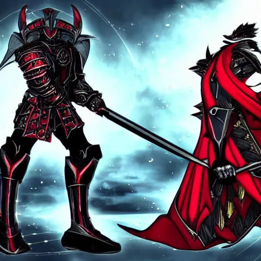 Prompt: Knight with black greatsword and black plate armour, one-eyed, emitting evil red aura, armor merging with body, head turning into half human half wolf hybrid, full body shot, anime blade style art