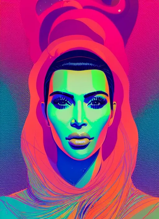 Prompt: portrait of kim kardashian, artstation winner by victo ngai, kilian eng and by jake parker, by conrad roset, swirly vibrant color lines, winning award masterpiece, fantastically gaudy, aesthetic octane render, 8 k hd resolution