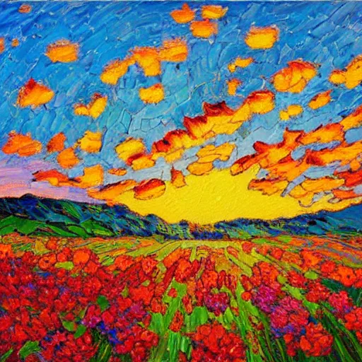 Prompt: a painting of a sunset over a field of flowers, an oil painting by erin hanson, deviantart, american impressionism, rich color palette, impressionism, fauvism