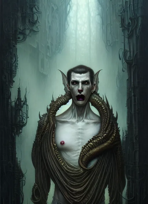 Image similar to portrait shot of a male vampire, a scenic dystopian environment, lovecraftian, intricate, elegant, highly detailed, centered, digital painting, artstation, concept art, smooth, sharp focus, illustration, artgerm, tomasz alen kopera, peter mohrbacher, donato giancola, joseph christian leyendecker, wlop, boris vallejo