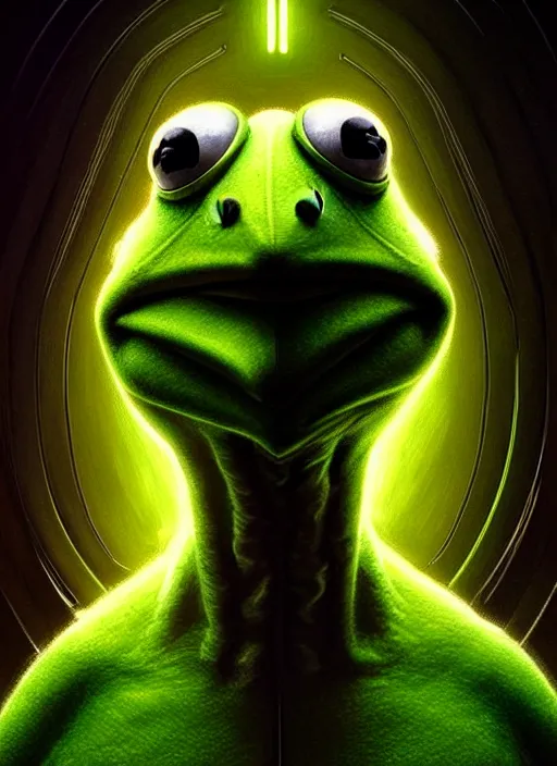 Prompt: symmetry portrait of kermit the frog, sci - fi, tech wear, glowing lights intricate, elegant, highly detailed, digital painting, artstation, concept art, smooth, sharp focus, illustration, art by artgerm and greg rutkowski and alphonse mucha