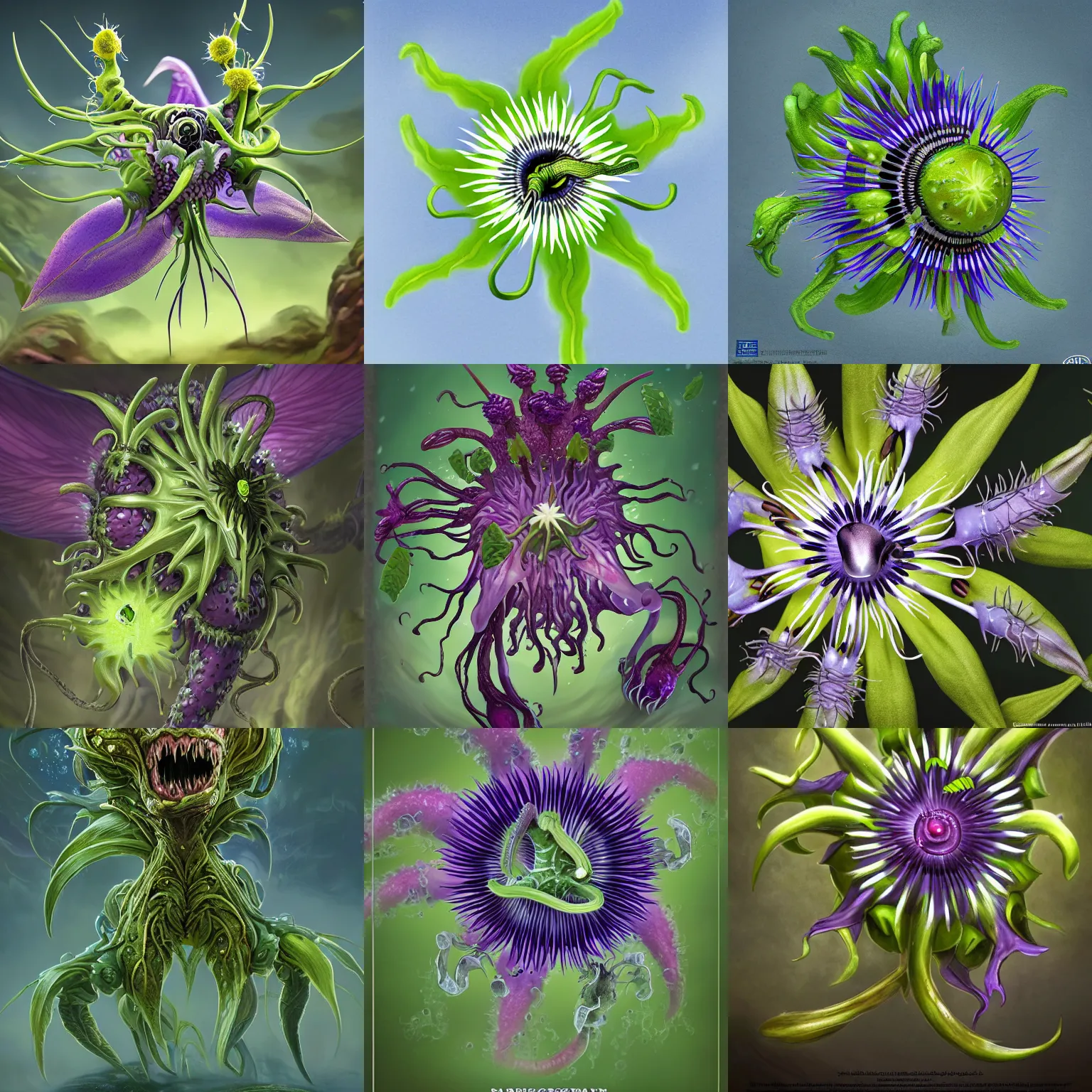 Prompt: A passionflower-like alien flower spewing poisonous pollen. Fantasy art, D&D Monster Manual, 8k high resolution, extremely detailed.