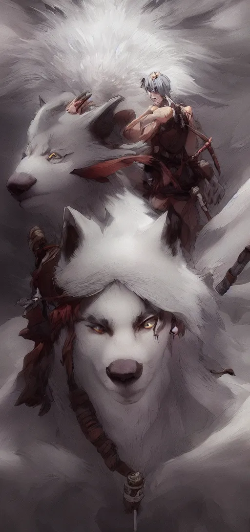 Image similar to Princess Mononoke, standing next to Moro the white wolf, close up portrait by loish and WLOP, octane render, dynamic lighting, asymmetrical portrait, dark fantasy, trending on ArtStation