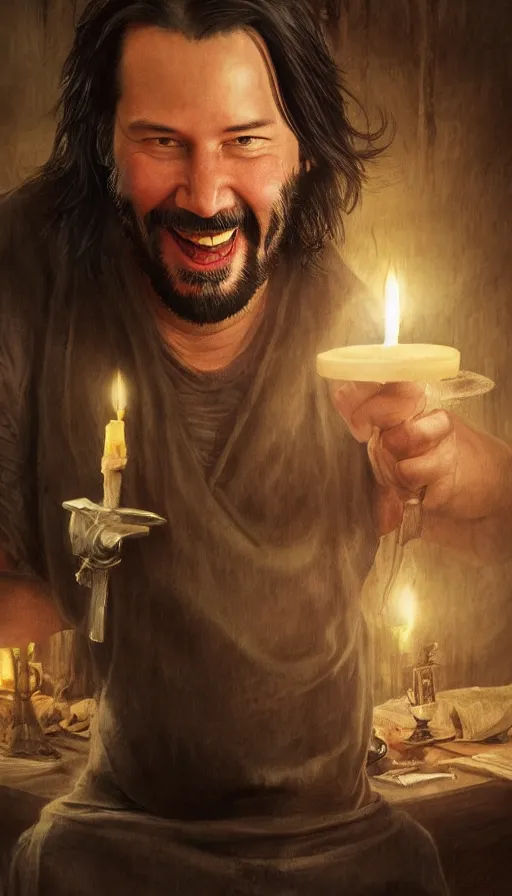 Image similar to keanu reeves as fat drunk tavern owner, apron, laughing, candles, fame of thrones, warhammer, fibonacci, sweat drops, intricate fashion clothing, insane, intricate, highly detailed, surrealistic, digital painting, artstation, concept art, smooth, sharp focus, illustration, unreal engine 5, 8 k, art by artgerm and greg rutkowski and alphonse mucha