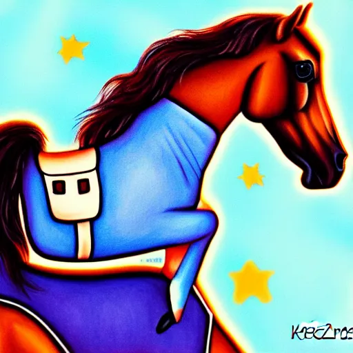 Prompt: a horse like a baby sits on the back of an astronaut - realistic, style by kezie demessance