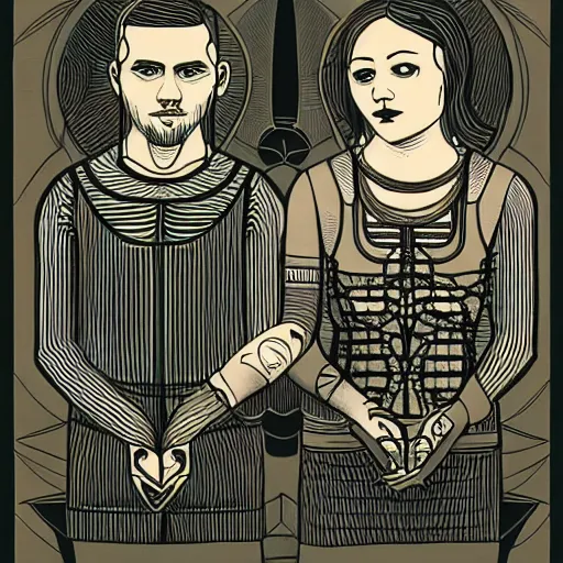 Image similar to perfectly centered geometrical symmetrical split male and female portrait of man and woman in love sharing one heart. illustration, highly detailed, simple, no jagged lines, smooth, artstation, artwork by ravi zupa