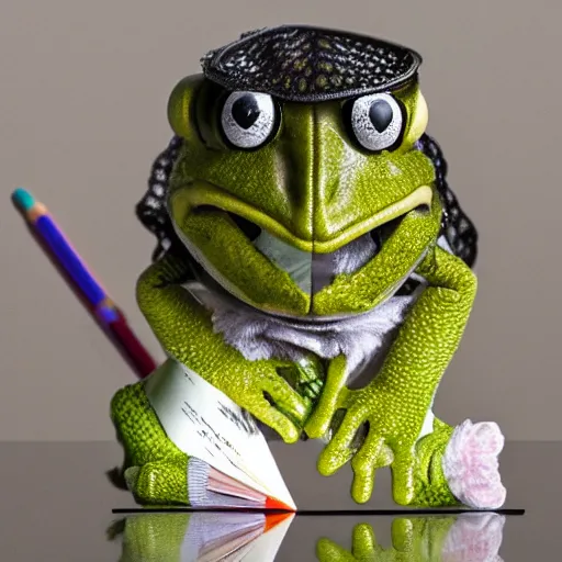 Prompt: photorealistic real life frog cleric as a transparent mesh chibi muppet plush wearing a wolf skull on its head and carrying a tiny sketch book and pencil, photography, national geographic, sesame street