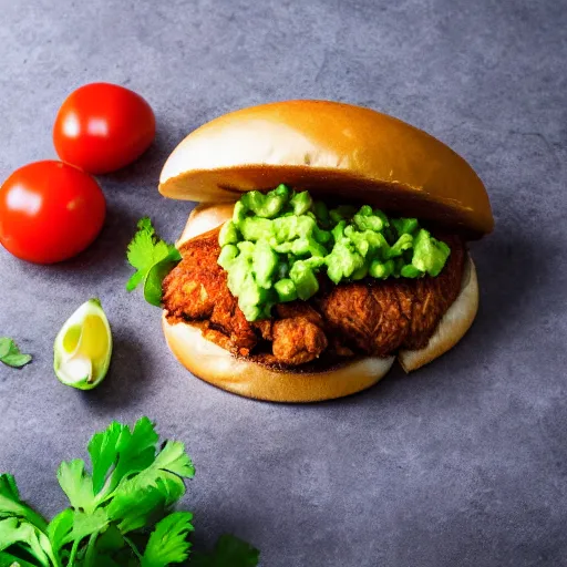 Image similar to Cemitas Fried chicken, chipotle Spread, oaxaca cheese, tomato, cilantro, onion and avocado on sesame seed bun, food photography, 4k