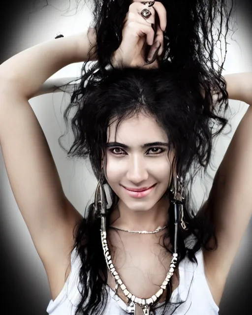 Prompt: a portrait of a beautiful Young female with long disheveled black hair, beautiful and smiling, sweet looks, white skin and reflective eyes, black tank top, black leather shiny jeans, an ankh necklace white colors in the background, by David Lazar and Annie Leibovitz 500px photos, top cinematic lighting , cinematic mood, very detailed, shot in canon 50mm f/1.2