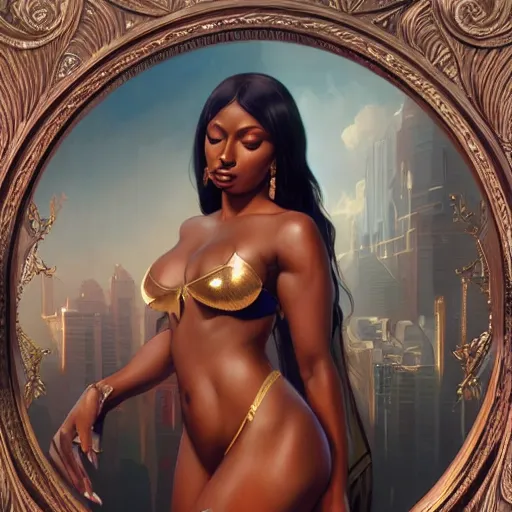 Prompt: full figure ultra realistic illustration, megan thee stallion, intricate, elegant, highly detailed, digital painting, artstation, concept art, smooth, sharp focus, illustration, art by artgerm and greg rutkowski and alphonse mucha