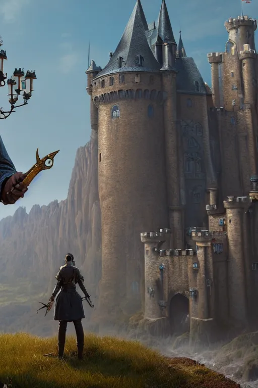 Image similar to a person standing in front of a castle, a detailed matte painting by senior environment artist, cgsociety contest winner, baroque, rendered in unreal engine, unreal engine 5, CryEngine