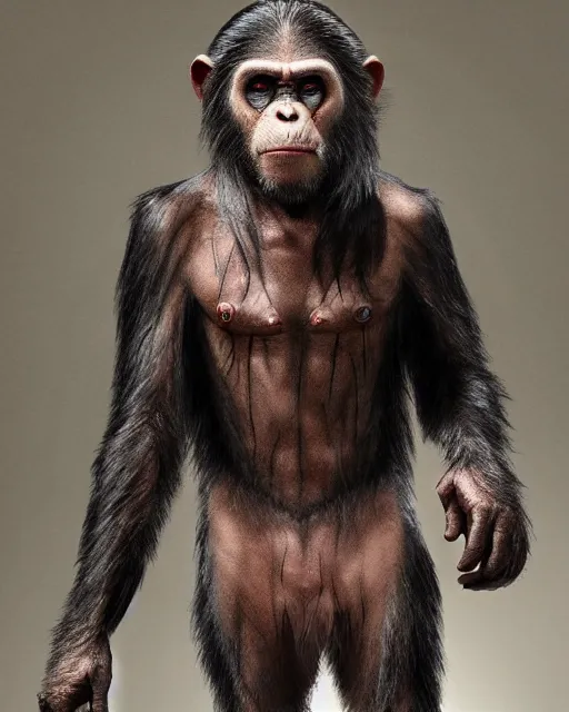 Image similar to Jared Leto in Elaborate Rick Baker makeup As the Chimpanzee Cornelius in Planet of the Apes, he is wearing a costume designed by Sandy Powell, Studio Lighting, Highly detailed facial prosthetics, Trending on Artstation, Studio Lighting