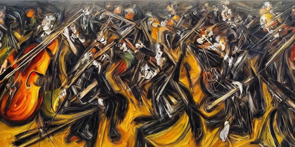 Image similar to an ultra detailed oil painting which interprets the harmony of a symphony, instruments, orchestra, sheet music, pierre soulages, jackson pollock, triadic color scheme