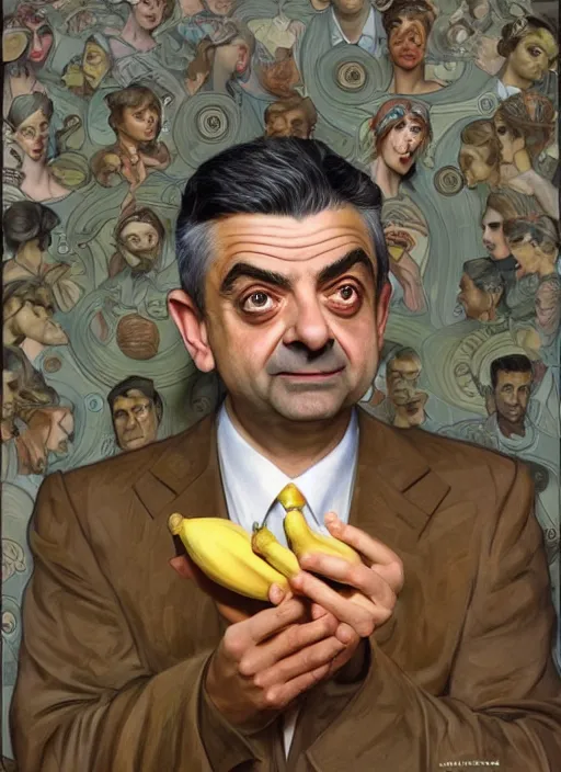 Image similar to Rowan Atkinson as cross eyed Mister Bean holding a banana, intricate, elegant, highly detailed, centered, digital painting, artstation, concept art, smooth, sharp focus, illustration, art by artgerm and donato giancola and alphonse mucha