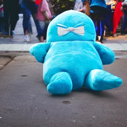 Image similar to blue'snappy gifts'human - sized plush doll, on sidewalk, giving gifts to people, happy atmosphere, high detail, soft lighting, 8 k