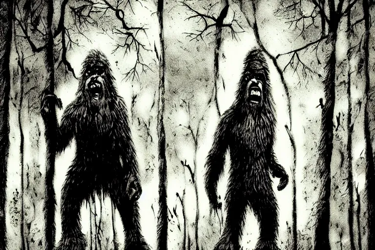 Image similar to mad bigfoot screaming in the woods artwork by ben templesmith