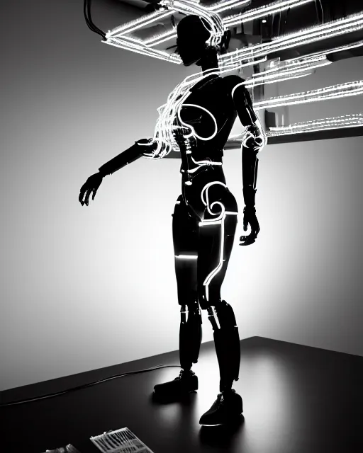 Image similar to black and white artistic photo, full figure, young female cyborg - vegetal, microchip, artificial intelligence, bio - mechanical bio - luminescence, black wired cables, cinematic, rim light, photo - realistic, 8 k