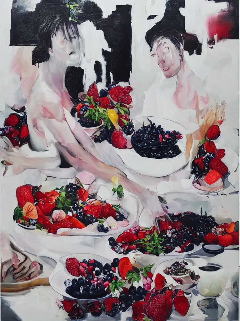 Image similar to “art in an Australian artist’s apartment, portrait of a woman wearing white cotton cloth, eating luscious fresh raspberries and strawberries and blueberries, white wax, edible flowers, Japanese pottery, ikebana, black walls, acrylic and spray paint and oilstick on canvas”