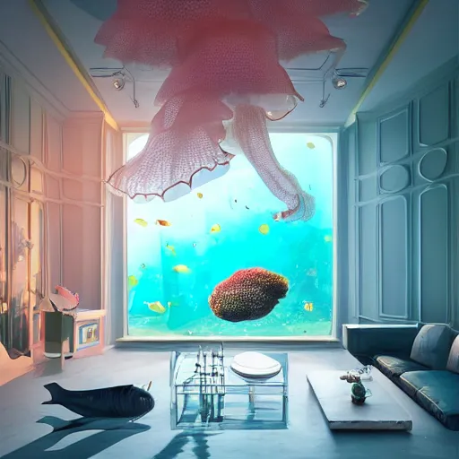 Image similar to the realistic photo of the modern fashionable room as aquarium with a chandelier as a big jellyfish, beautiful corals on the walls and sharks in the big panoramic window, a lot of gleans, under the ocean, realistic colors, realistic shadows, daylight made in blender, hd, 3 d by beeple and by greg rutkowski