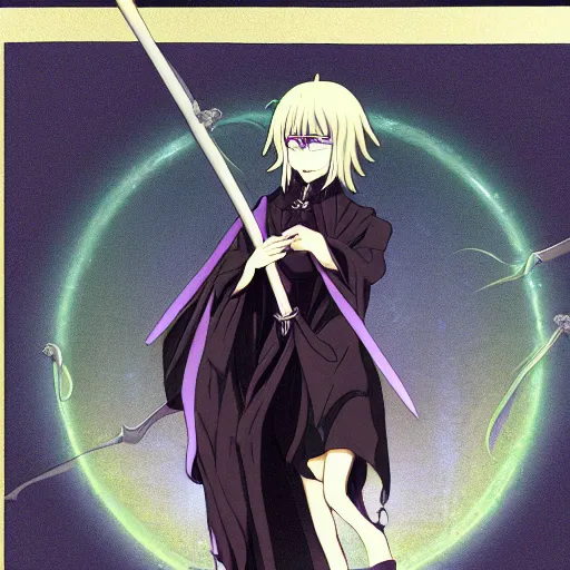 Prompt: an attractive anime female necromancer mage symmetrical, donned in black cloak with purple staff full view of character in frame