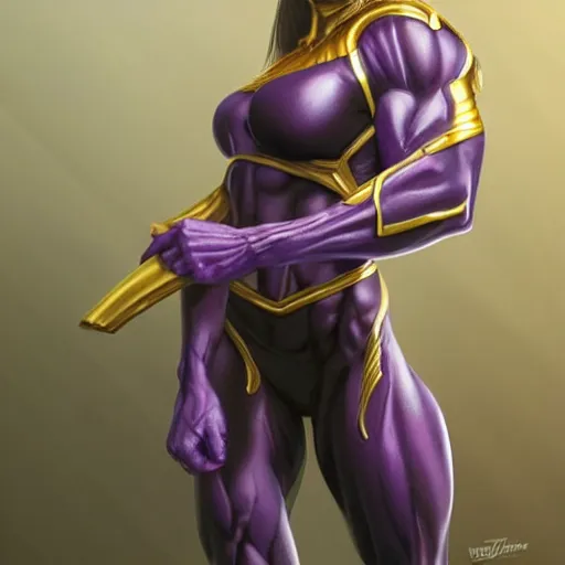 Image similar to thanos as a muscular woman, highly detailed portrait, elegant, breathtaking art, by artgerm