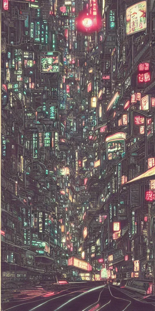 Prompt: beautiful and detailed anime drawing of an AKIRA-like cyberpunk city landscape with light trail from a motorcycle at the bottom and a bridge silhouette at the top, China at night, 1980s, by Katsuhiro Otomo and mamoru oshii, wide angle, worm's eye view, grand, clean, colorful