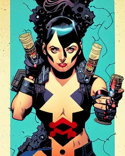 Image similar to mike mignola and sandra chevrier comic cover art, full body cute young lady, symmetrical eyes, bangs, rim lighting, vivid colors