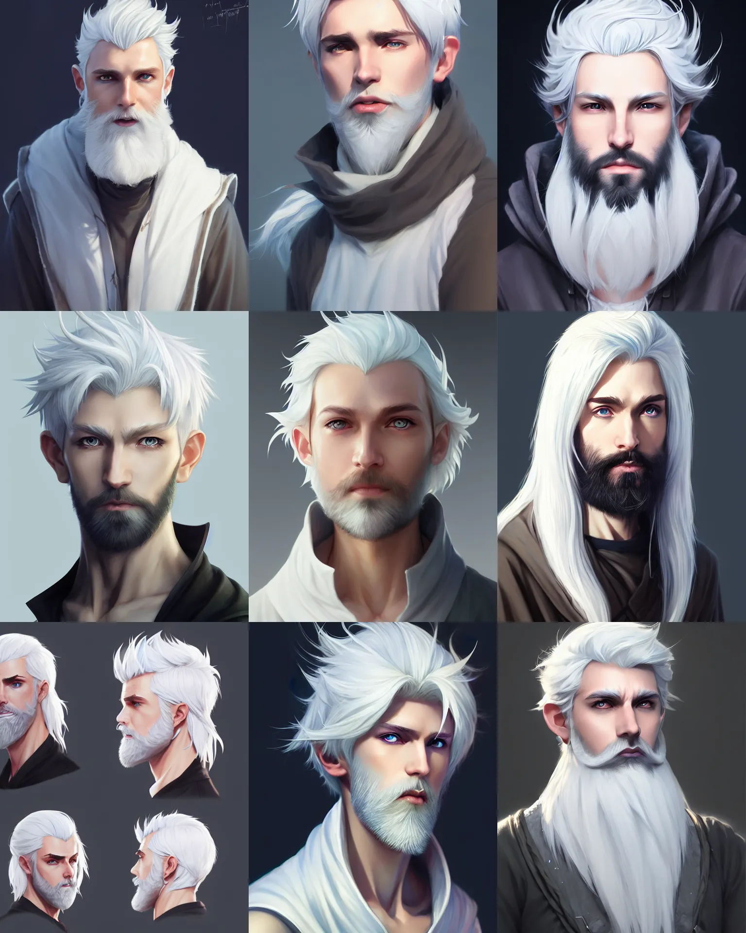 Prompt: character concept art of a white haired young male mage with beard | | distinct - fine, key visual, realistic shaded perfect face, fine details by stanley artgerm lau, wlop, rossdraws, james jean, andrei riabovitchev, marc simonetti, sakimichan, and jakub rebelka, trending on artstation