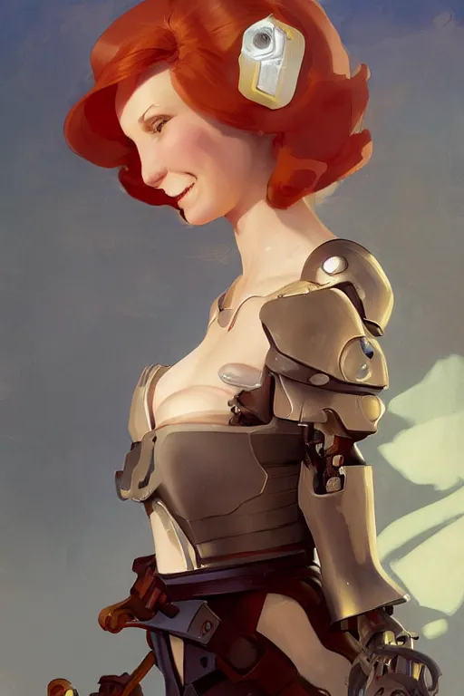 Prompt: concept art of curvacious redhead cyborg woman softly smiling at camera wearing 🩳 and 👕 illustration by sargent and leyendecker, studio ghibli, fantasy, medium shot, asymmetrical, intricate, elegant, matte painting, illustration, hearthstone, by rhads by greg rutkowski, by greg tocchini, by james gilleard, by joe fenton