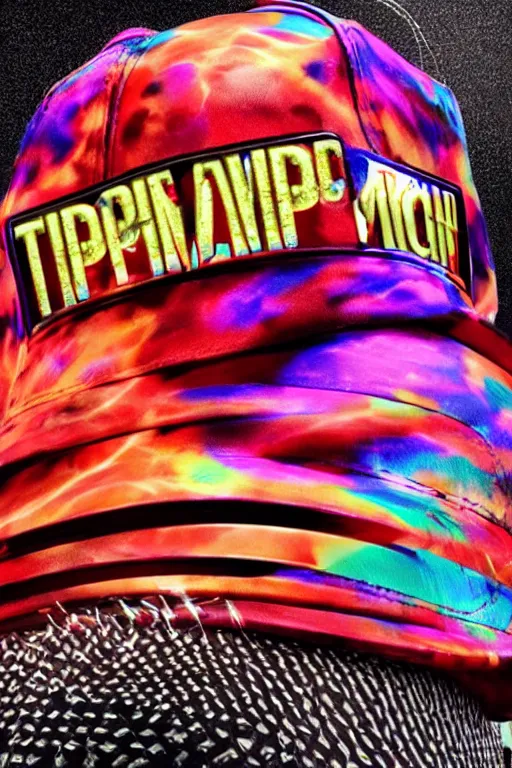 Image similar to fashion photo of one baseball cap, band merchandise, bandname is tripmachine, tourname is invasion of the tripmachines, realistic digital art, printed with a 3 d render of a huge futuristic steampunk generator, 8 k, fluorescent colors, halluzinogenic, multicolored, exaggerated detailed, unreal engine