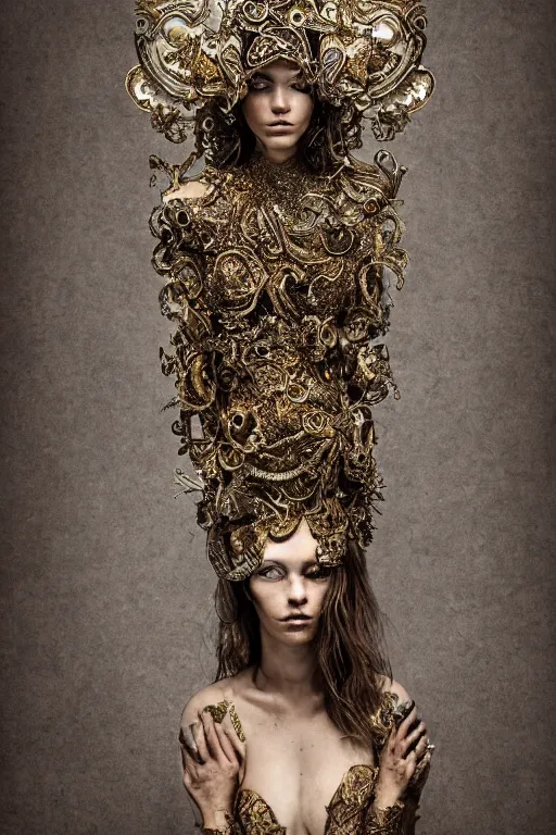 Image similar to a portrait of female by stefan geselle and nekro borja, photorealistic, intricate details, hyper realistic, fantasy, elegant, ornate metal gold headpiece, photorealistic, canon r 3, photography, wide shot, symmetrical features, wide angle shot, low angle shot, standing pose, feet on the ground, wearable art