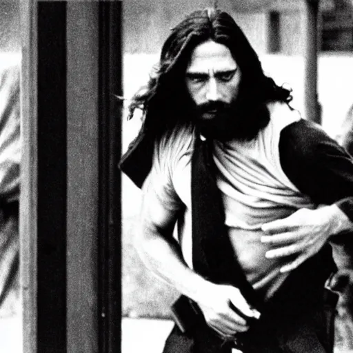 Image similar to jesus as a bank robber as in the movie heat, photograph