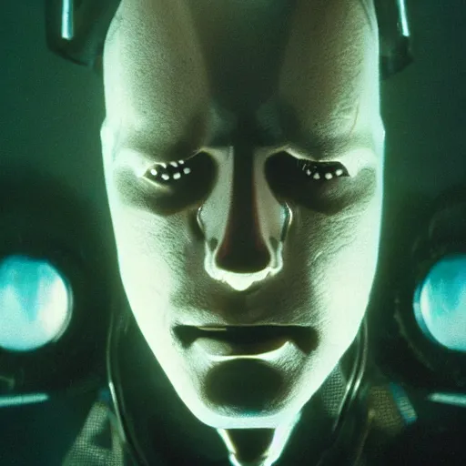 Image similar to movie scene of a man with a robot head, movie still, cinematic composition, cinematic light, criterion collection, reimagined by industrial light and magic, Movie by David Lynch and andrzej zulawski