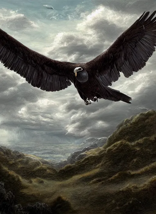 Image similar to a realistic painting of a condor in a cloudy sky seen from far away, highly detailed, matte painting, fantasy art, beautiful landscape