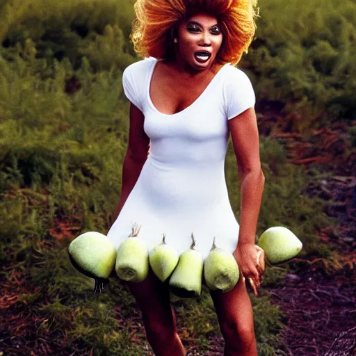 Image similar to tina turner in a turnip costume, turnip hair, photoshoot