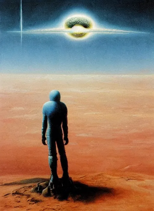 Image similar to A painting in a style of Beksinski featuring Elon Musk on mars. There is a rocket in the sky. Very detailed, symmetry