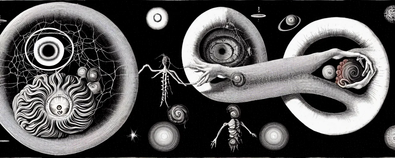 Image similar to a giant visceral anatomical eyeball sings a unique canto about'as above so below'to the a cosmic cochlea, while being ignited by the spirit of haeckel and robert fludd, in honor of saturn's day, painted by ronny khalil