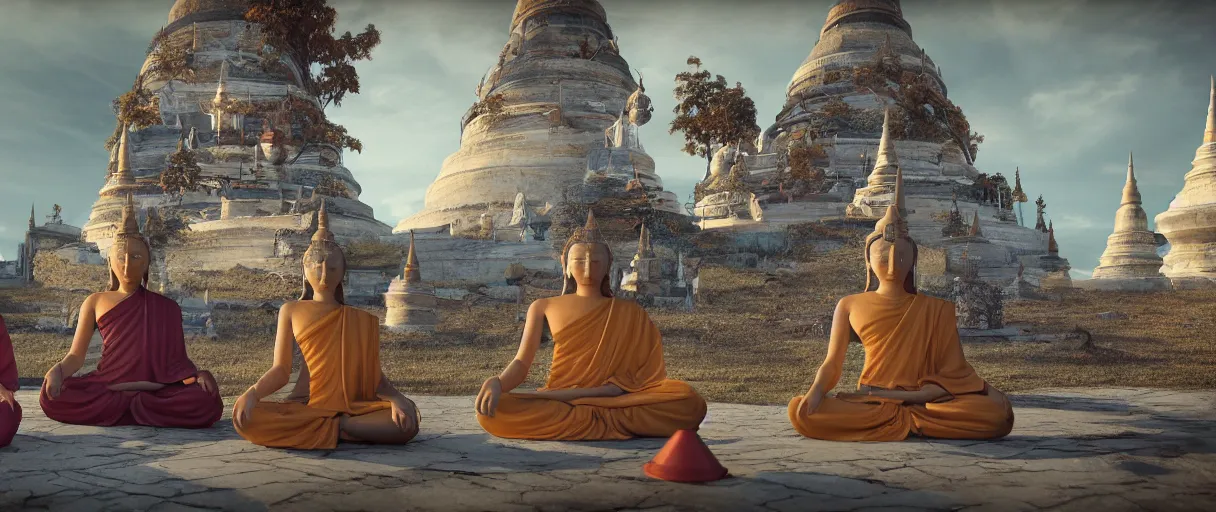 Image similar to ' witches meditating near buddhist stupa, high - tech space cult, dramatic lighting, epic, octane render, volumetric light, unreal engine, artbreeder, 8 k, background, scene, digital, artwork, high quality, 8 k''