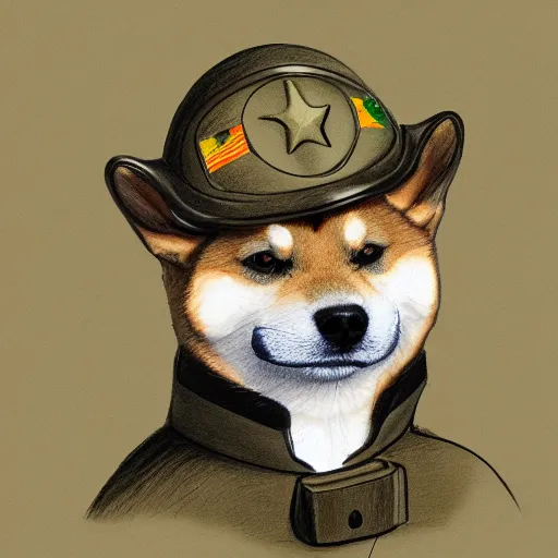 Image similar to A drawing of a Shiba Inu dog wearing a soldier's helmet, realistic, color