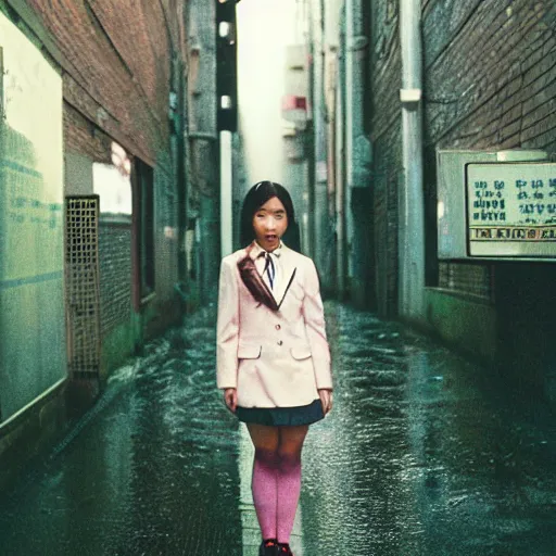 Image similar to 1990s perfect 8K HD professional cinematic photo of close-up japanese schoolgirl posing in sci-fi dystopian alleyway at morning during rain, at instagram, Behance, Adobe Lightroom, with instagram filters, depth of field, taken with polaroid kodak portra