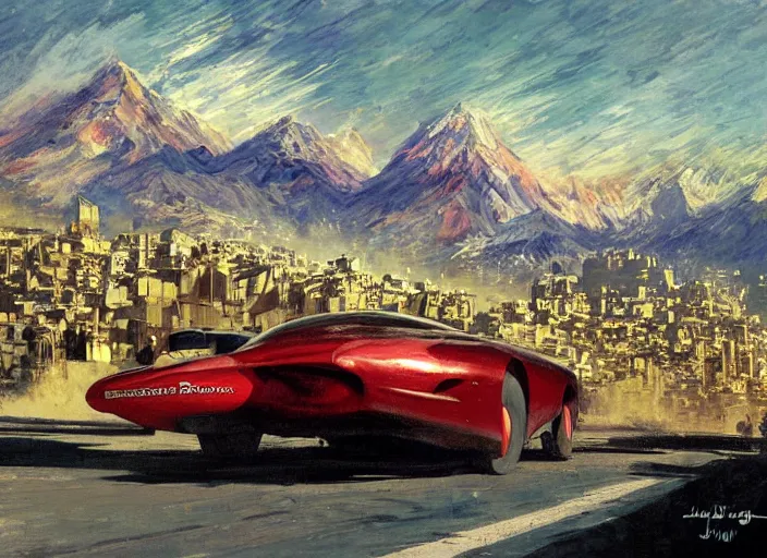 Prompt: illustration of a flying car crossing at full speed between buildings in santiago de chile with the andes mountain range in the background in a dystopian future by john berkey and monet