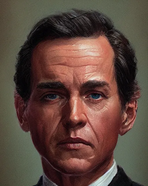 Prompt: portrait of a 1 9 8 2 united states president, who is a young man a scholarly appearance, detailed face, 2 0 th century, highly detailed, cinematic lighting, digital art painting by greg rutkowski