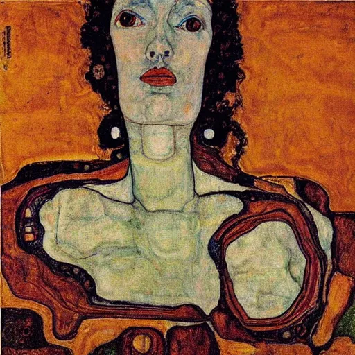 Prompt: goddess of transcendential consciousness, egon schiele, gustav klimt