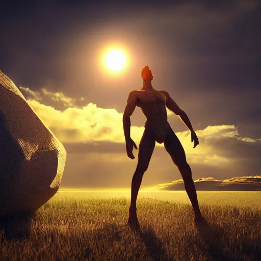 Image similar to sun man!!, detailed, 8 k, hd, sharp focus, octane render, volumetric light